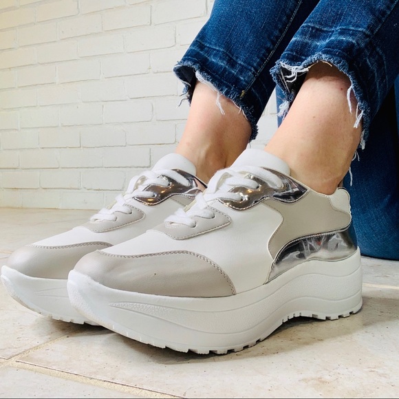 Forever 21 Shoes - Vegan Leather Metallic White Platform Sneakers GUC